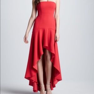 BCBGMAXAZRIA strapless highlow flounced hem gown