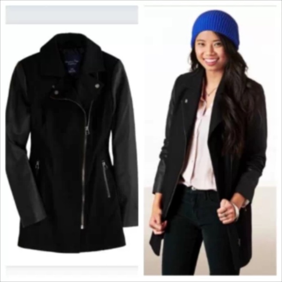 NWT•American Eagle•Long Black Wool Moto Jacket•LRG - Picture 1 of 4