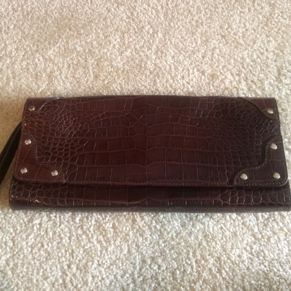 Italian brown faux crocodile clutch purse