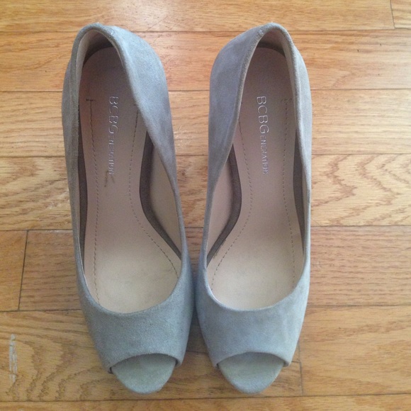 grey suede peep toe heels.