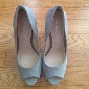 grey suede peep toe heels.