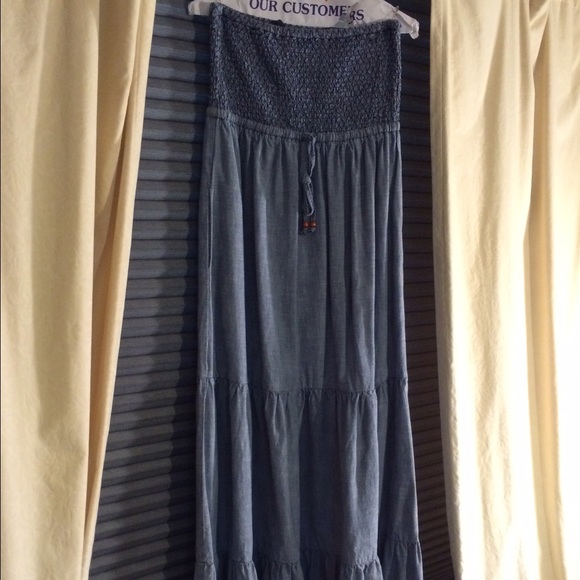 Denim, strapless, ankle length maxi dress