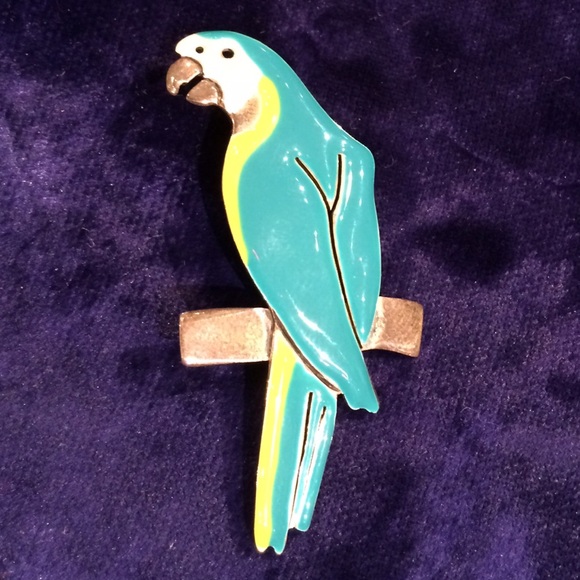 Sterling Silver Hand Painted Teal Parrot Lapel Pin