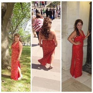 Red fully beaded prom dress