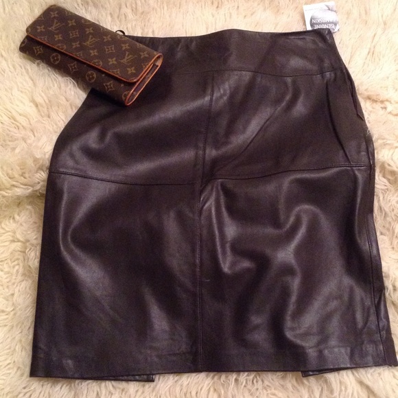 Chocolate brown pencil skirt genuine lamb skin