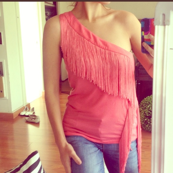 Bebe one shoulder Coral fringe top , Size L