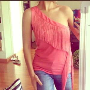 Bebe one shoulder Coral fringe top , Size L