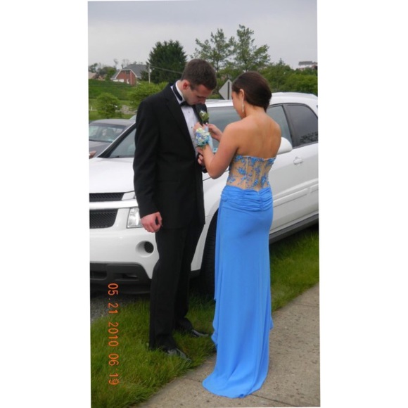 Blue and Nude Beaded Mesh and Chiffon Prom Dress - Picture 2 of 2