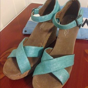 Toms Natural Metallic Strappy Wedges Turquoise