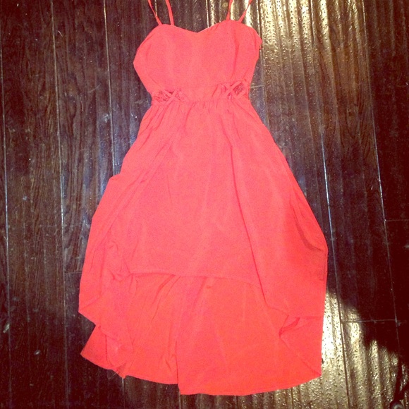 Coral/Red high low dress with cut outs at waist