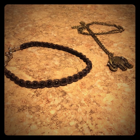 Black Beaded Anklet and Elephant Pendant Necklace