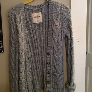 Grey cable knit cardigan sweater