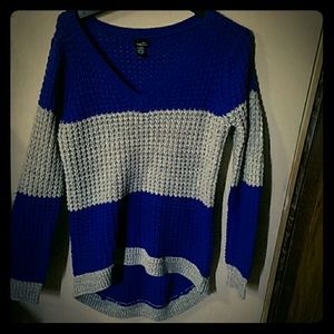 Long blue and grey knit sweater