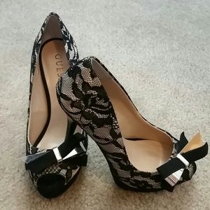 5 inches beige with black lace heels