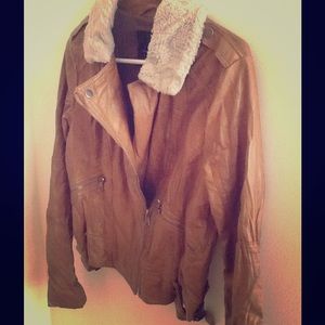 Faux brown leather and fur jacket