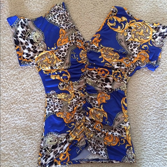 Dressy blue, gold print top with cutout sleeves - Picture 1 of 3