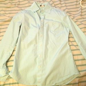 J. Crew button down light blue/white striped top.
