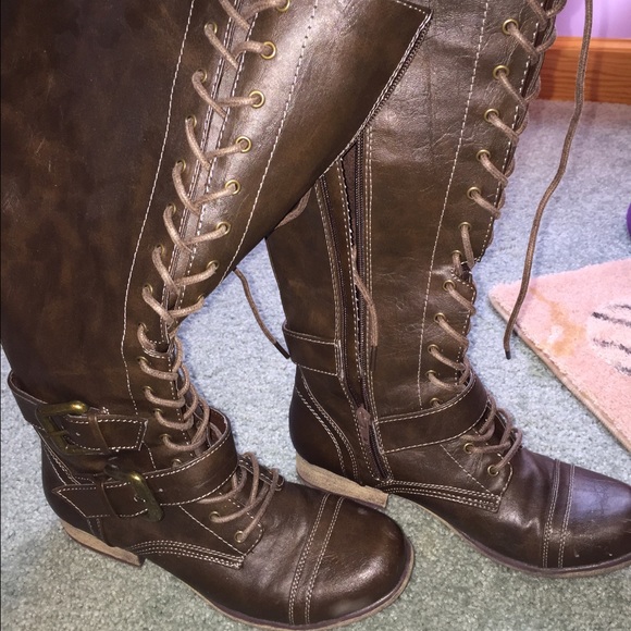 Brown leather combat boots