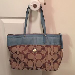Coach blue and khaki canvas and leather strap bag
