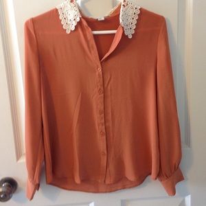 Orange button up with Lace collar
