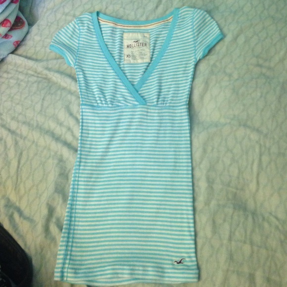 Hollister Tops - Blue and white striped V- neck shirt