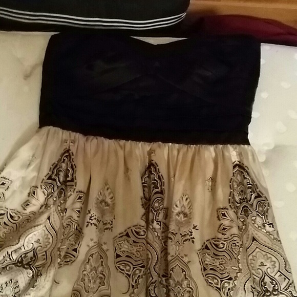 Strapless black and gold paisley dress
