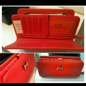 Hermes red leather wallet purse billfold