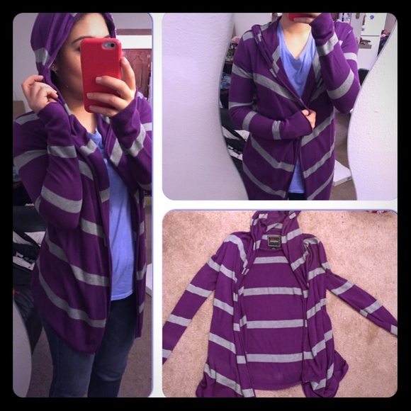 Purple & grey striped hooded cardigan