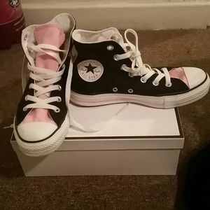 SOLD!!!!!! Pink and black high top chuck taylors
