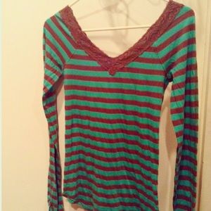 Green stripes top with lace trimming at the top