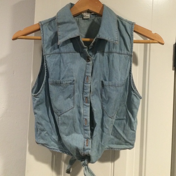 blue denim crop top with tie at waist