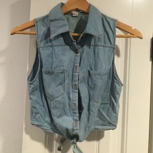 blue denim crop top with tie at waist