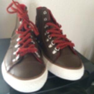 Leather high tops with red laces