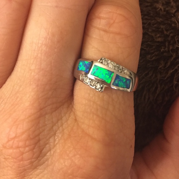 Blue green fire opal and silver ring