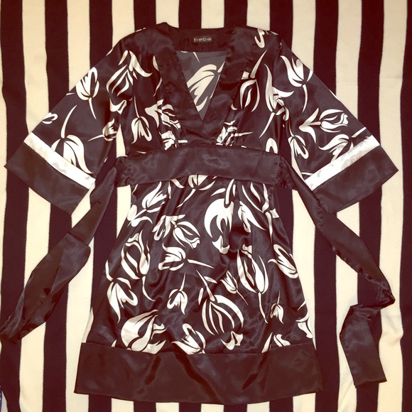 bebe black white kimono silky dress