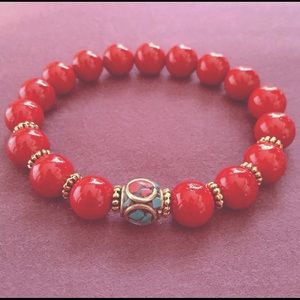 Tibetan Coral and Turquoise Red Stretch Bracelet