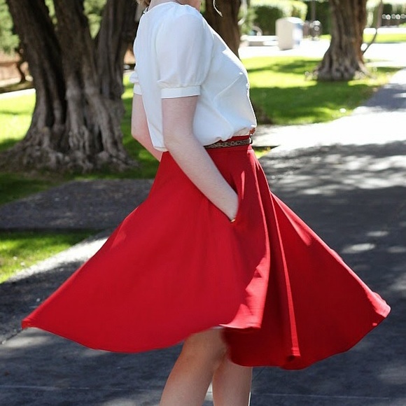 Red Flowy Midi Skirt
