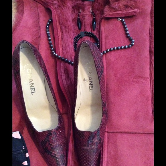Chanel cranberry snakeskin pumps