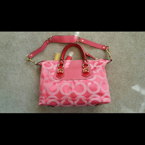 Coach handbag convertible satchel red/melon/gold - Picture 2 of 4