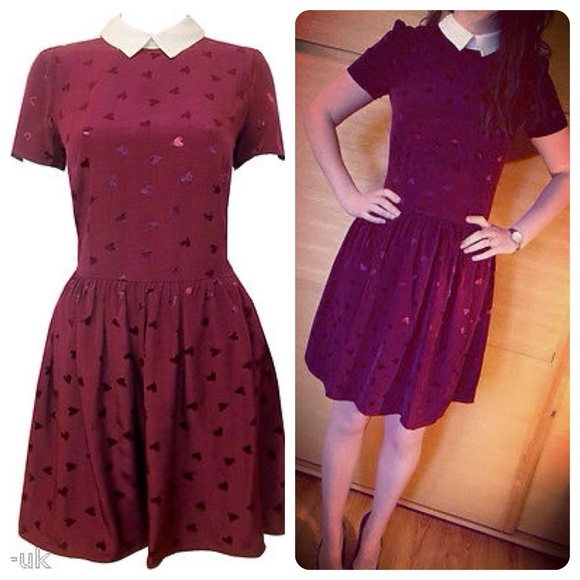 Red Heart Print Contrast Collar Tea Dress
