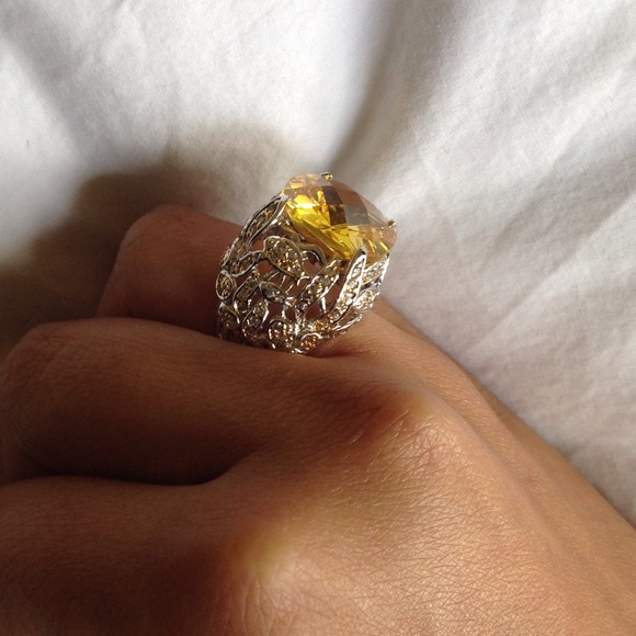 HUGE genuine yellow cz ring sterling silv plated
