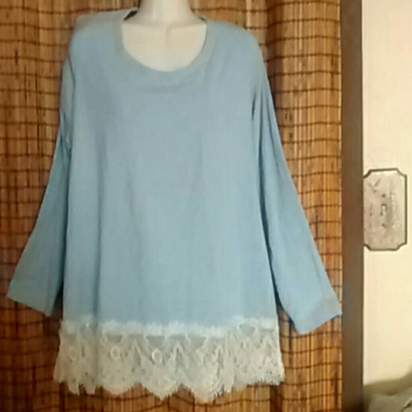 Baby blue tee shirt with wide 6" lace trim.
