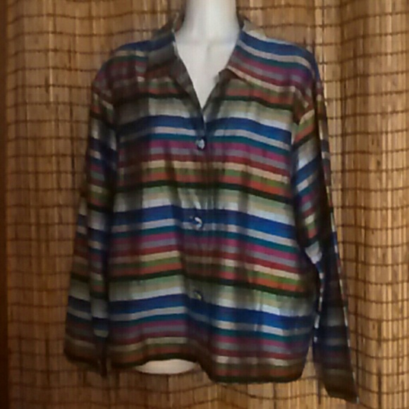 Richly colored striped silk shirt jacket.