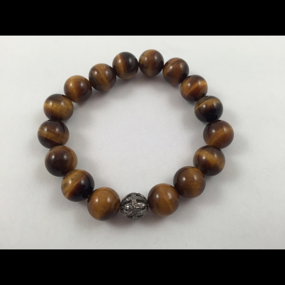 12mm Tiger Eye Diamond Bracelet 18K WG over Silver