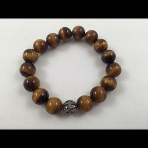 12mm Tiger Eye Diamond Bracelet 18K WG over Silver