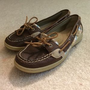Dark brown sperrys with blue & tan plaid details