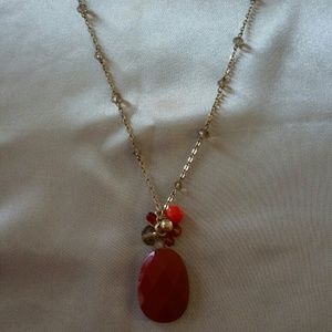 Gold long coral and red pendant necklace