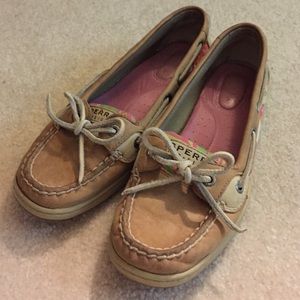 Tan Sperrys with floral details