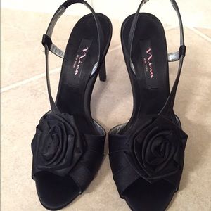 Nina Shoes - Nina Black Satin High Heel Sandals Rose Flower Bow Nina Shoes - Nina Black Satin High Heel Sandals Rose Flower Bow