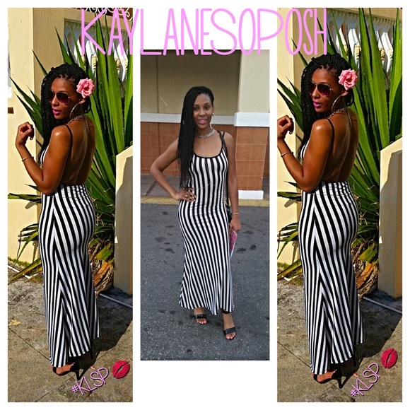 Black and White Striped Backless Maxi Dress